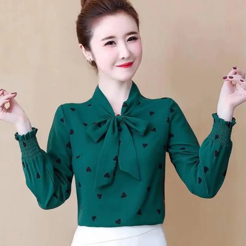 Elegant Printing Bow Blouse Spring New Long Sleeve All-match Chiffon Lacing Loose Shirt Tops Vintage Fashion Women Clothing