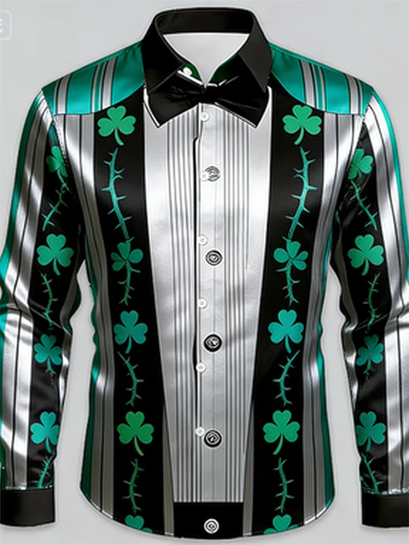 New Men's Long Sleeved Shirt with 3D Clover Print Design, Fashionable and Luxurious Print, Comfortable and Soft Top