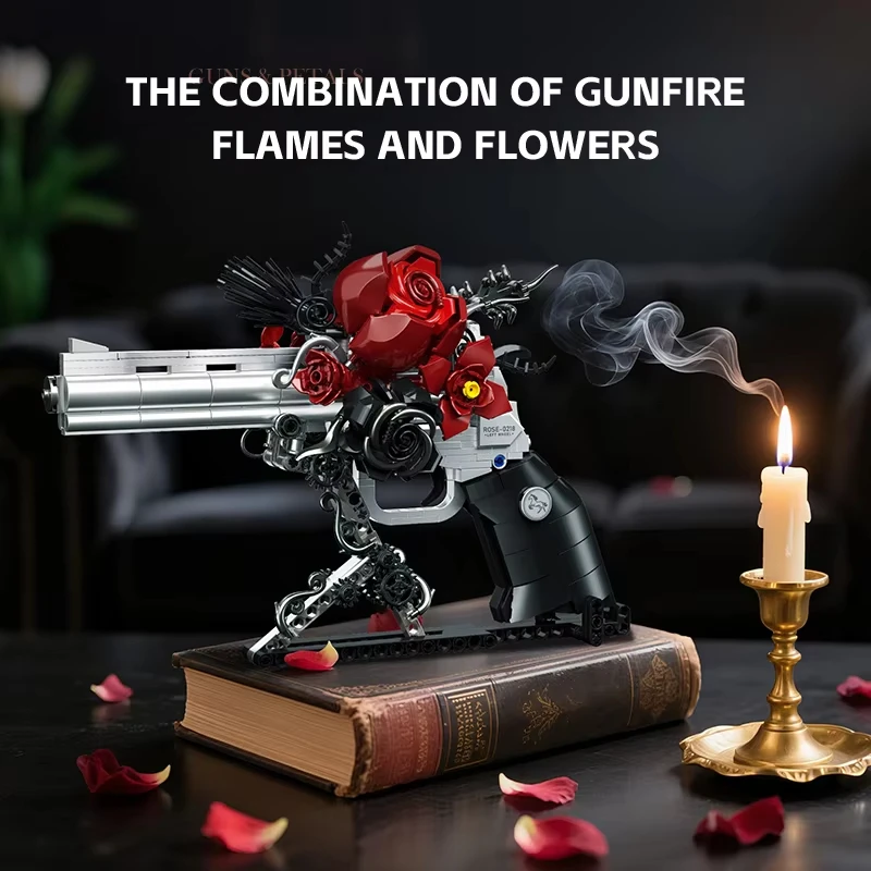 New Technical Mechnical Rose Revolver Pistol Gun Building Blocks Military Red Flower Hand Gun Assemble Toy Valentine's Day Gift