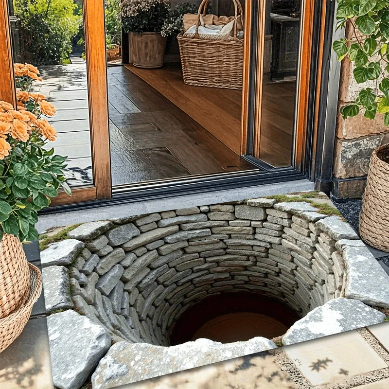 VIKAMA Funny 3D Brick Hole Illusion Rug, Soft Flannel Non-Slip Floor Mat for Entryway Porch, Prank Decor Carpet Home Decor