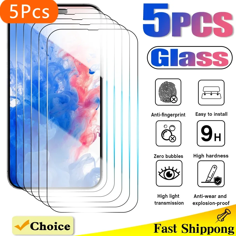 5Pcs Full Cover Tempered Glass for iphone 15 14 13 11 Pro Max 12 Mini Screen Protector iPhone X XR Xs 6 7 8 Plus Protective Film