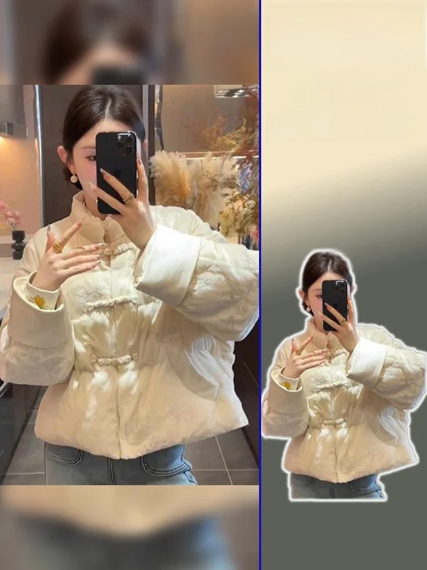 

plus Size Spring Autumn Faionable Youthful ort Cotton Jaet Women's Button up Warmth Stand Collar Chinese Sle Outerwear