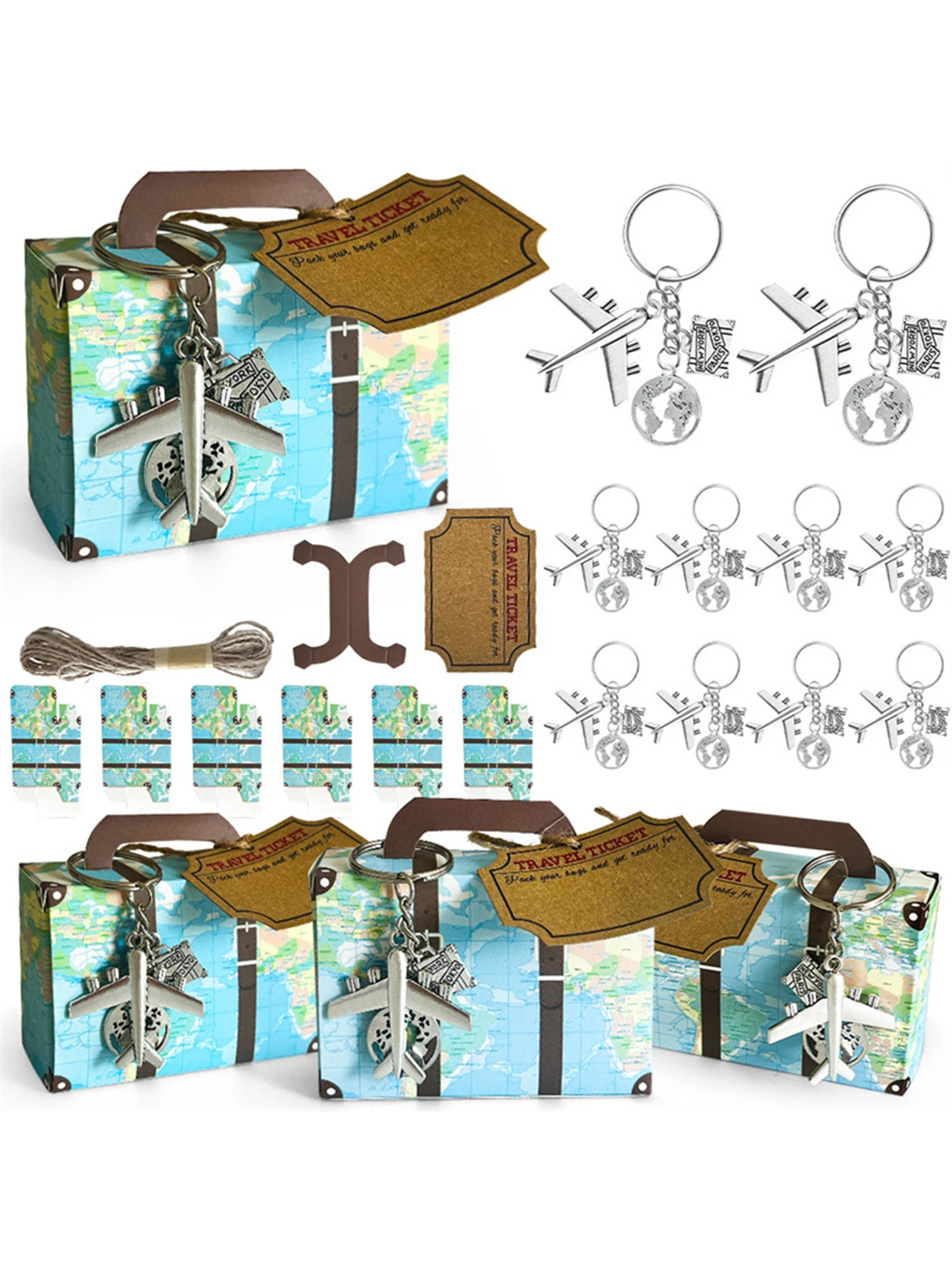 

10 Creative World Maps Wedding Travel Party Airplane Travel Commemorative Keychains Mini Suitcase Graduation Gift Candy Box Incl