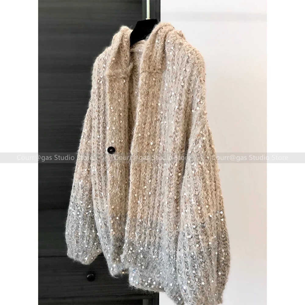 Advanced sense of sequins hooded knitted cardigan jumper jacket female 2024 autumn and winter lazy wind soft sticky tops