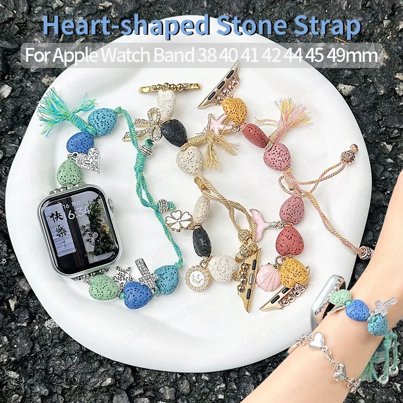 Heart-shaped Stone Strap for Apple Watch Band 44mm 45mm 41 40 42 46mm Couple Bracelet for IWatch Series 10 9 8 7 6 SE 5 Handmade