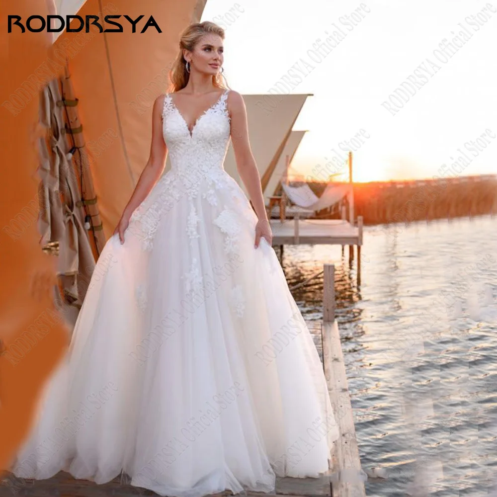 RODDRSYA gaun pernikahan klasik tali Spaghetti leher V renda Backless gaun pengantin Applique A-Line Tulle Vestidos De Novia