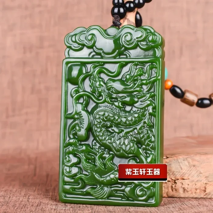 Chinese Green Jade Dragon Waist Tag Pendant Necklace Jewellery Fashion Hand-Carved Relax Healing Man Women Luck Gifts Amulet