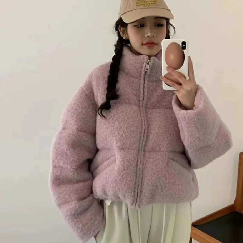 معطف شتوي نسائي من Thiened Goose down Jaet من الصوف بياقة واقفة معطف شتوي طويل Sle وسحاب للإغلاق قرد بيضة دافئ