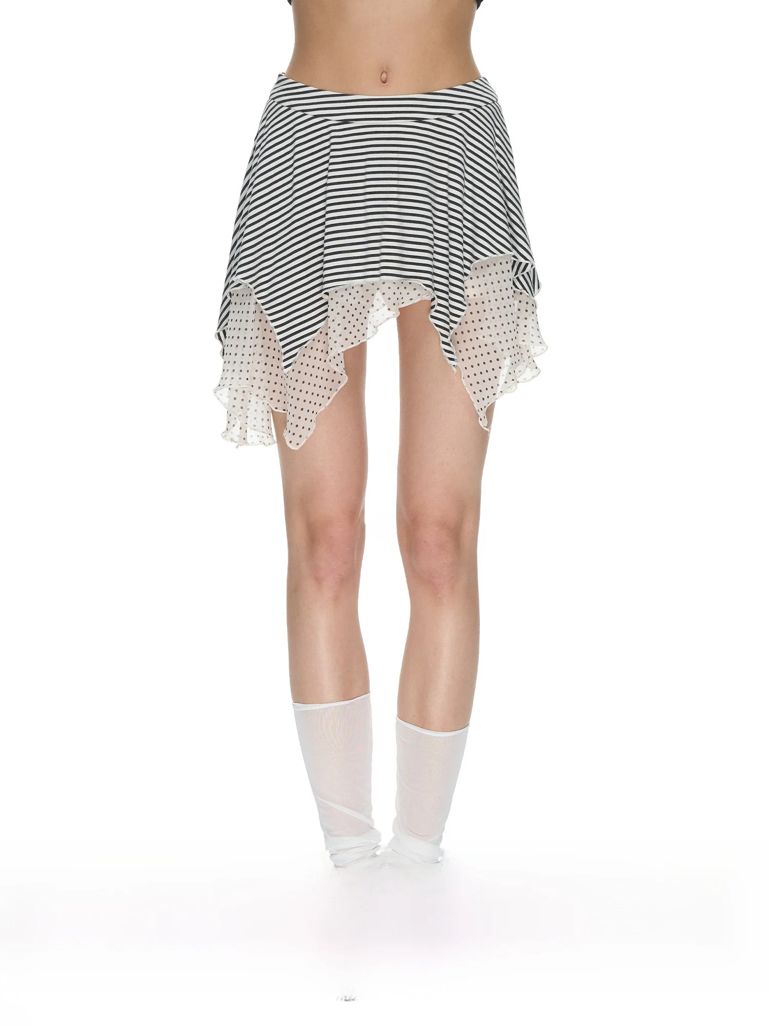 

Женская модная юбка миди NECY с принтом в горошек и полоску, асимметричным и двойным слоем ткани, с присборенным подолом