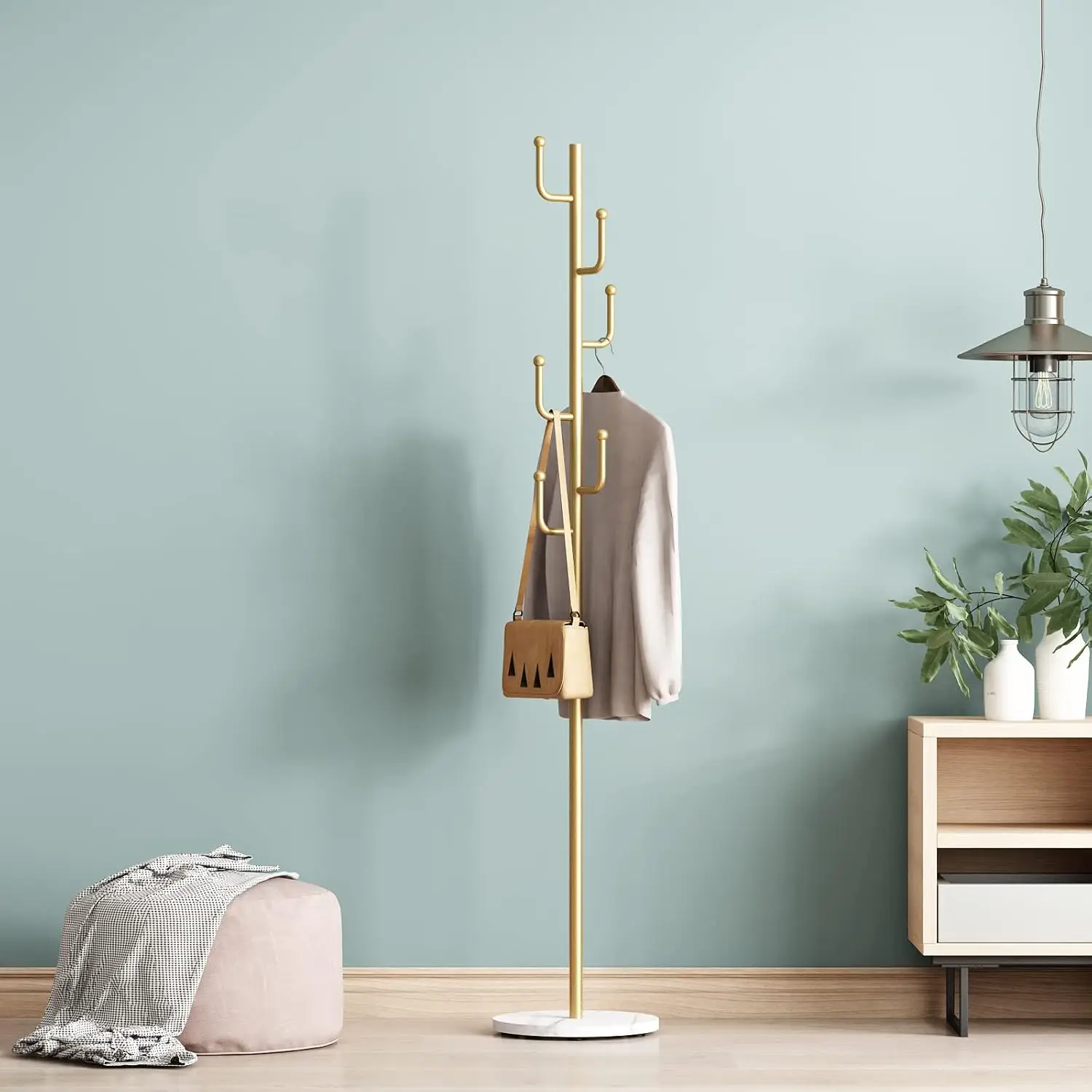 

Modern Gold Coat Rack with Marble Base, 6 Hooks for Bedroom or Office, Vintage Metal Design