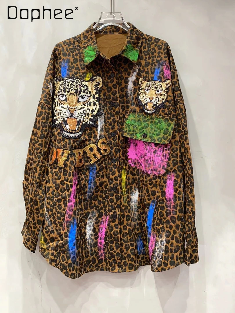 

Trendy Brand Leopard Print Shirt Women 2024 Autumn New Cartoon Graffiti Mid Length Loose Shirt Jacket Denim Jacket Women