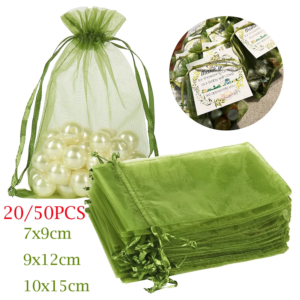 20/50pcs Olive Green Organza Bags White Jewelry Gift Bags Drawstring Candy Pouches Christmas Wedding Party Packaging Small Bag