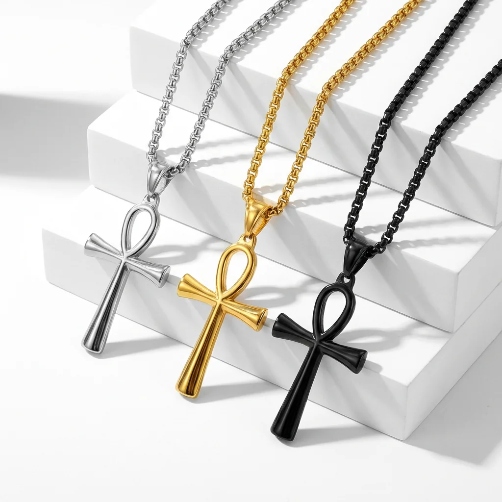Neue ägyptische Ankh-Halskette für Herren, Kreuzanhänger, Edelstahl-Boxkette, Damenmode, Party-Schmuck, Accessoires – Detail 1