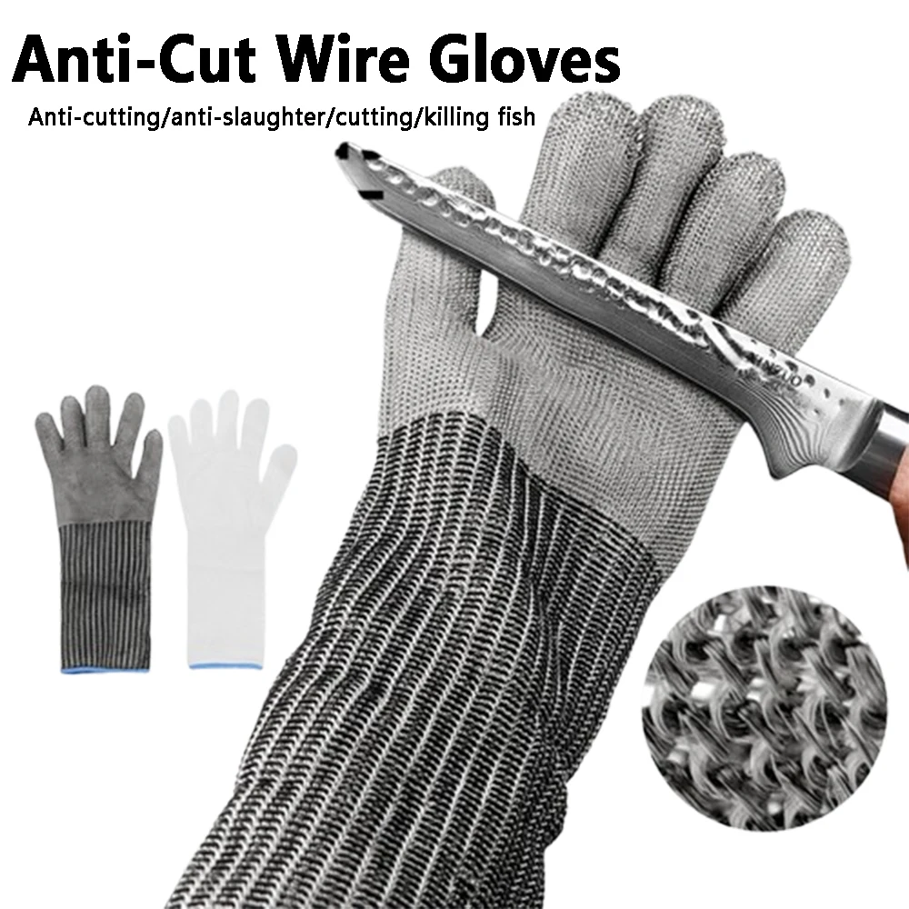 Extended Stainless Steel Wire Braided Gloves with 5 levels of Anti Cutting Industrial Metal Processing Food Processing Protect