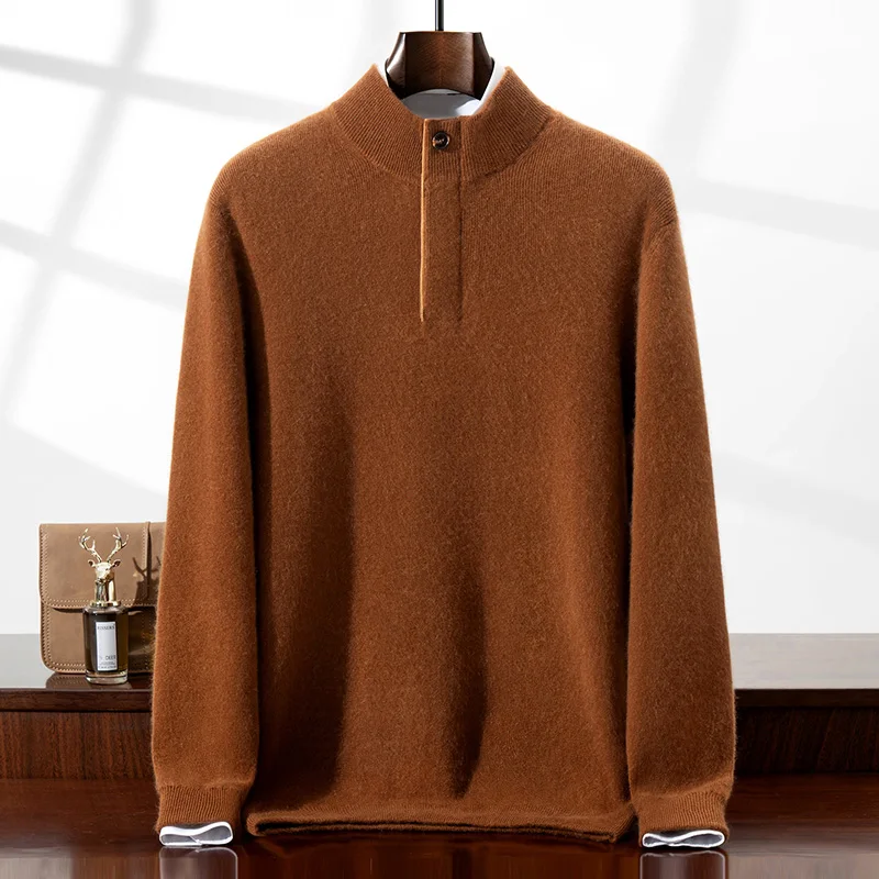 

Осень-зима утолщенный мужской свитер из 100% кашемира с полуоткрытым воротником Генри, повседневная трикотажная базовая рубашка с высоким воротником на молнии