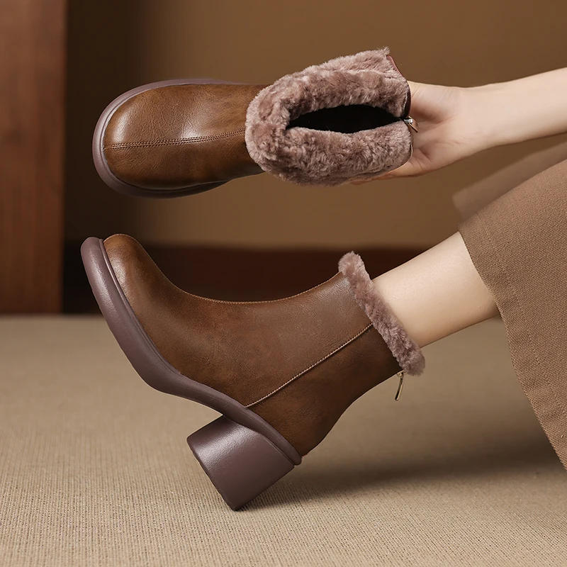 2026 new autumn winter women ankle boots natural leather plus size 22-25cm split leather+wool back zip thick heel short boots