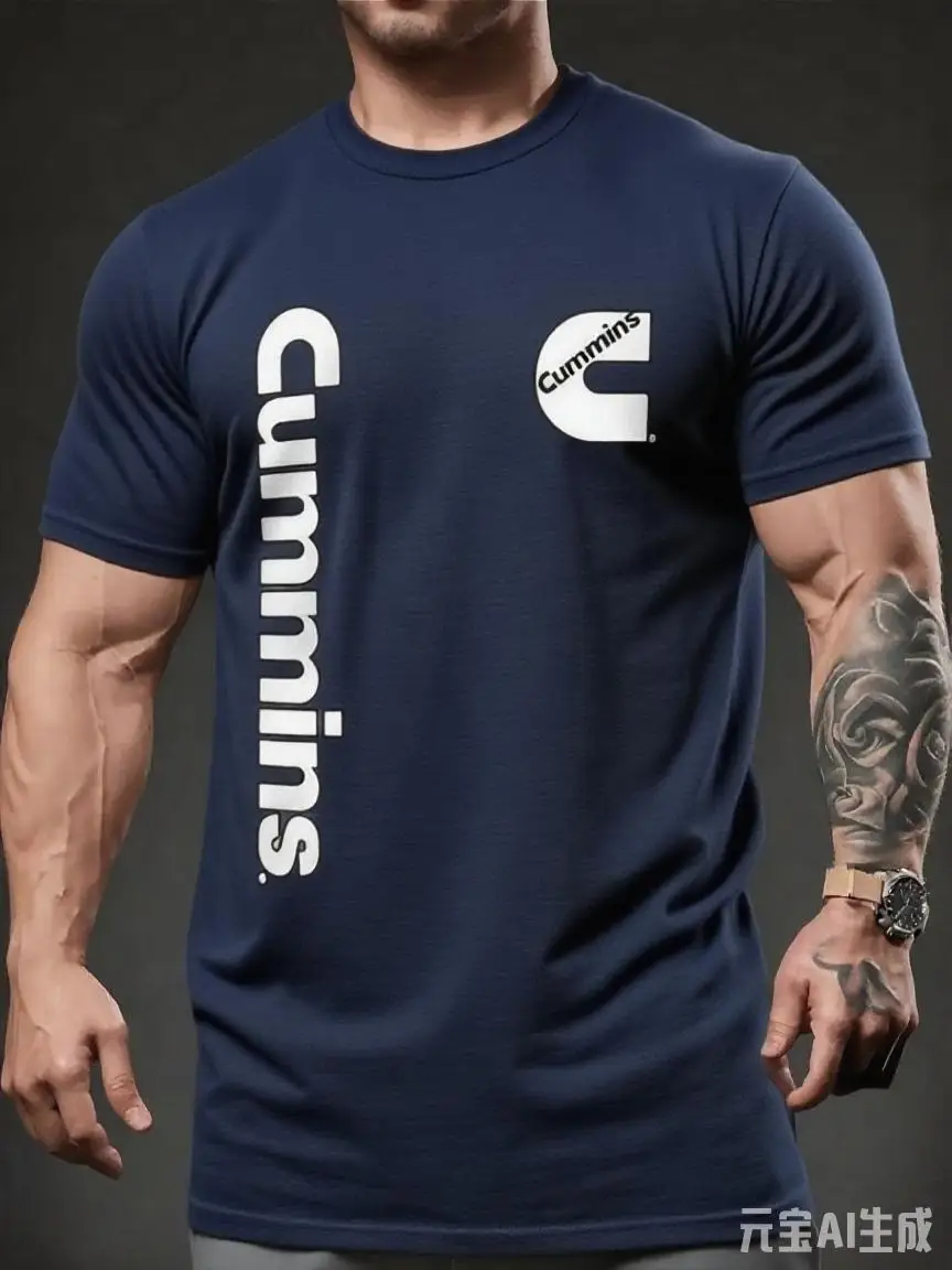 

Men's Cummins Logo Black and White High-end 100% Cotton Printed T-shirt with Round Neck and Machine Wash Design