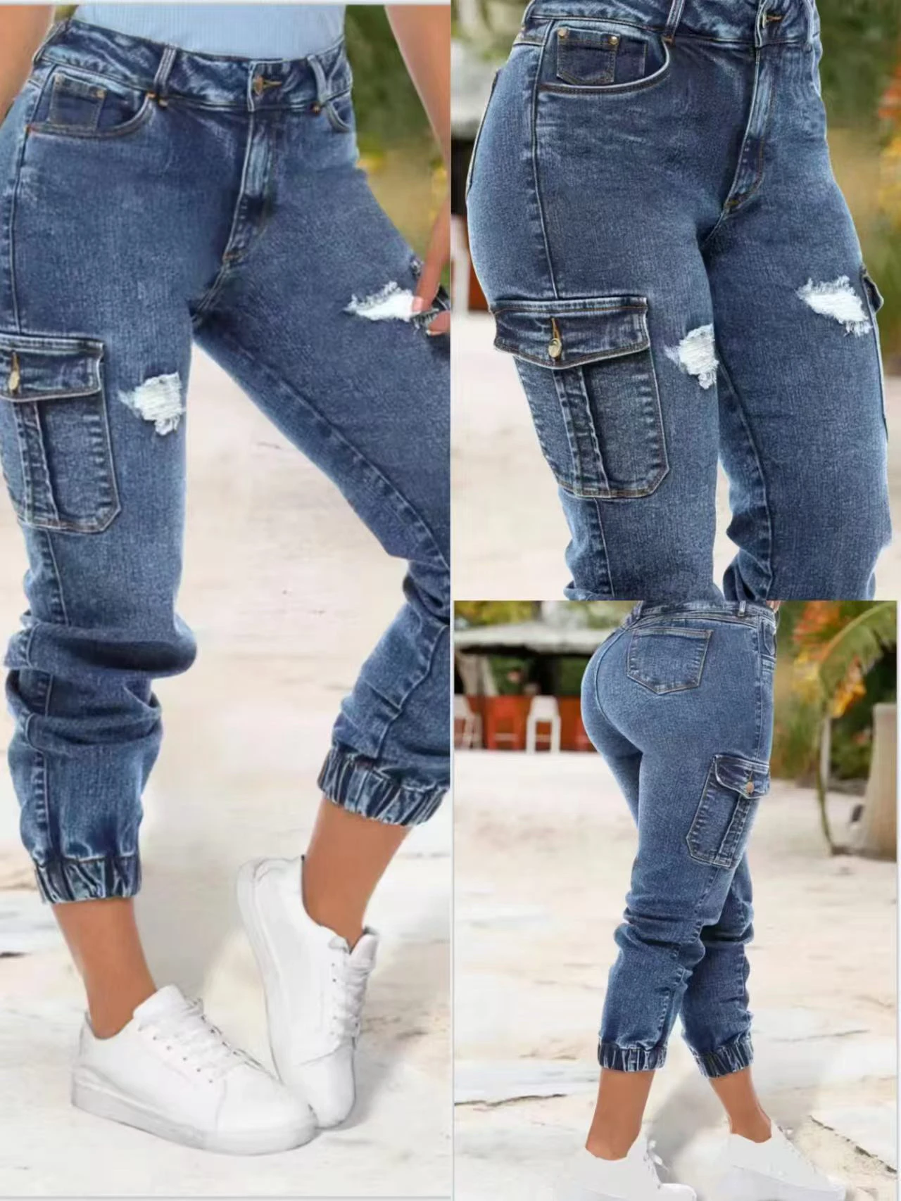 Women's Workwear Jeans with Multiple Pockets, Ripped Cuffs, Stone Washed, Distressed, Faded, High-Waisted Straight Leg Jeans