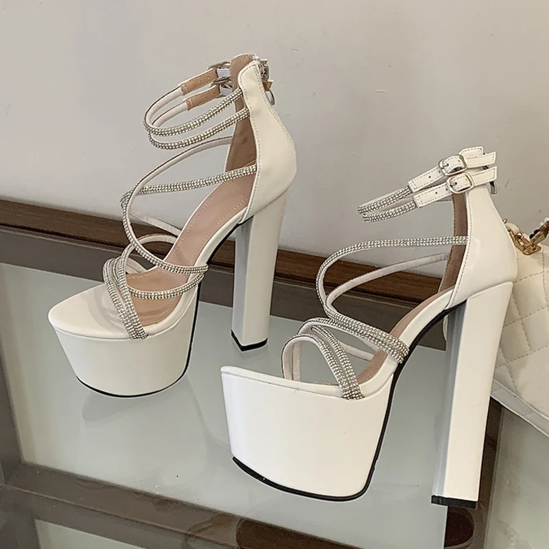 

Liyke Model Catwalk 16CM Super High Heels Platform Sandals Women Crystal Rhinestone Narrow Band Open Toe Wedding Banquet Shoes