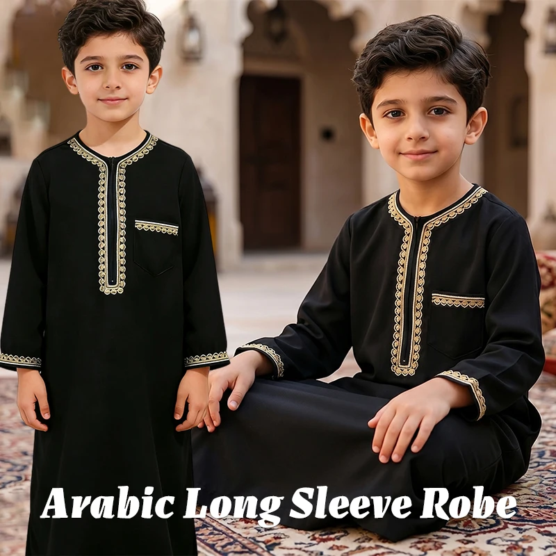 110-160cm Boys Arabic Costume Black White Thobe Islamic Clothing Golden Embroidered Middle East Dishdasha Kids Elegant Outfit