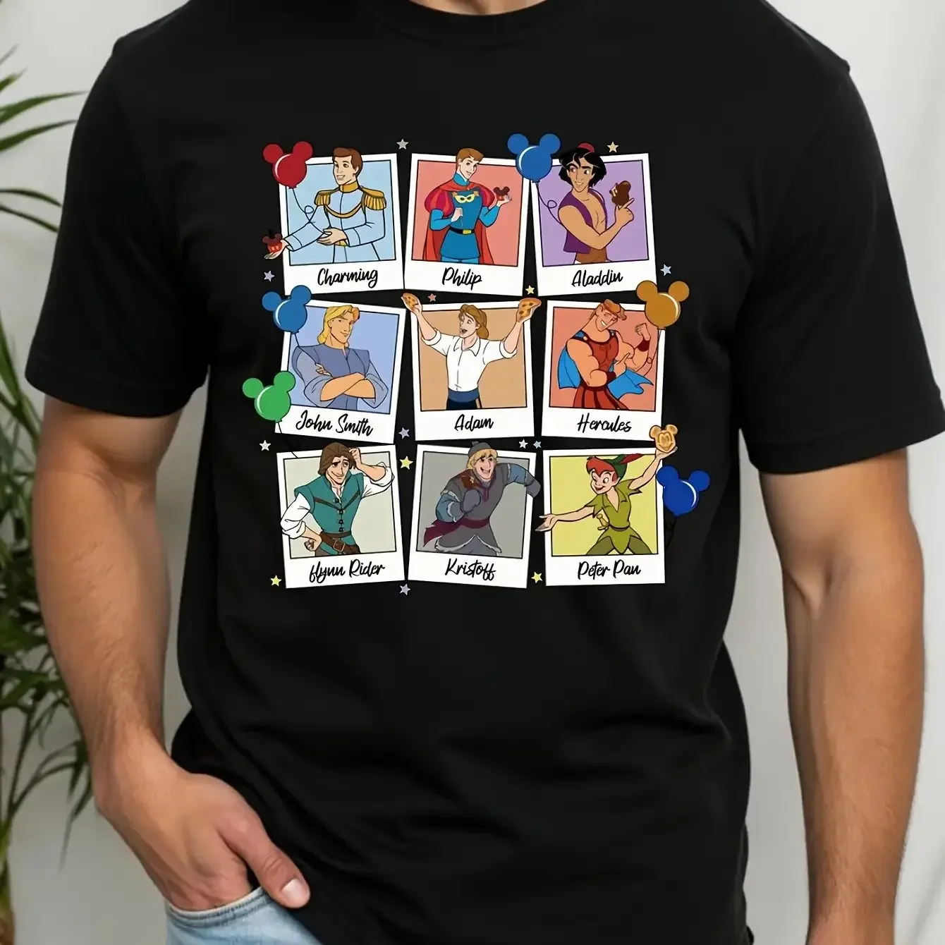 

Disney Men's White Aladdin Princess Squad T-Shirt Genie Jasmine Abu Raja Iago Grid Character Names Loose Fit Casual Summer