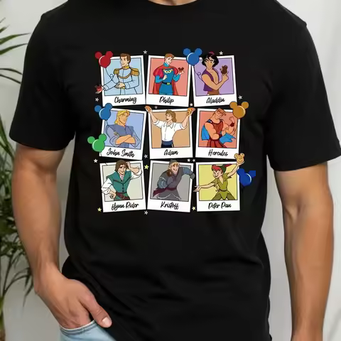 Disney Men's White Aladdin Princess Squad T-Shirt Genie Jasmine Abu Raja Iago Grid Character Names Loose Fit Casual Summer