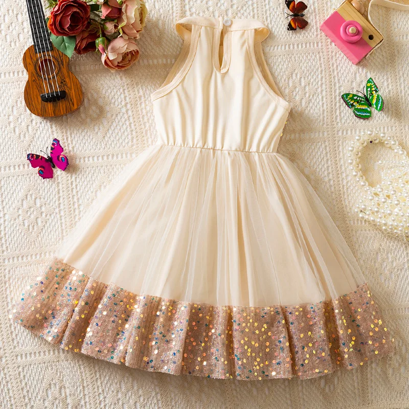 Girl's New Elegant Evening Dress Sequined Mesh Princess Birthday Party Dress Summer Children's Gauze Sleeveless For Girl Clothes