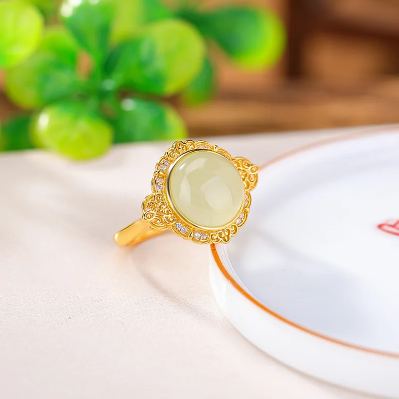 Hetian Amber Jewelry S925 Sterling Silver Gold Plated Jade Round Ruyi Inlaid Ring