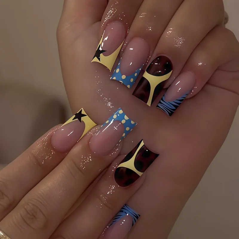 

24PCS Sweet Cool Blue French False Nails Y2k Yellow Polka Dots with Star Leopard Print Patterns Medium Square Press on Nails Art