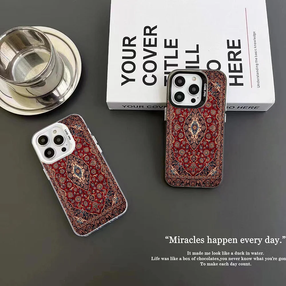 Persian Carpet Floral Pattern Phone Case IMD Color Silver Shell For IPhone 16 15 14 13 12 Pro Max Plus