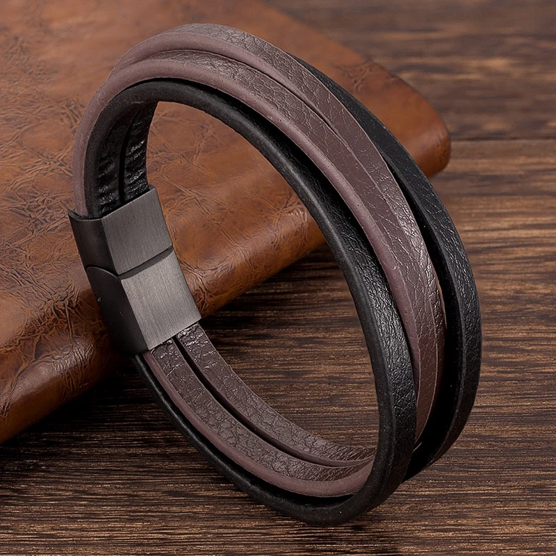 MKENDN Fashion Stainless Steel Bangle Multilayer Black Coffee Genuine Leather Bracelet Men Vintage Male Jewelry for women