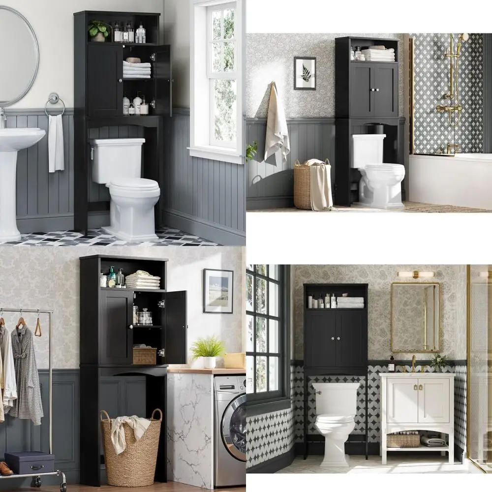 

Black Over Toilet Storage Cabinet with Adjustable Shelf and Double Doors for Bathroom Organization