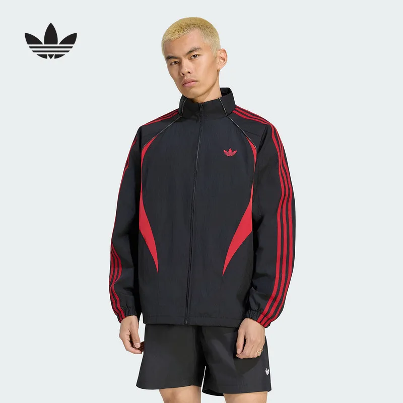 Adidas Originals Men Woven Jacket KX0819 Loose Fit Check Fabric Stand Collar Full Zip Sport Casual Windbreaker Outerwear Black