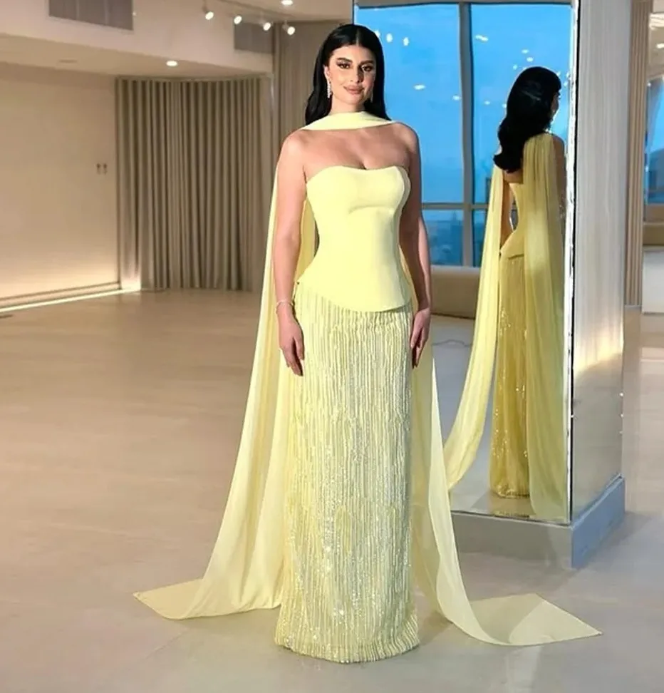 

2025 New Modern Yellow Prom Dresses Two Pieces Shawl Strapless Sequins Skirt Formal Evening Party Gowns Pageant Robe De Soriee