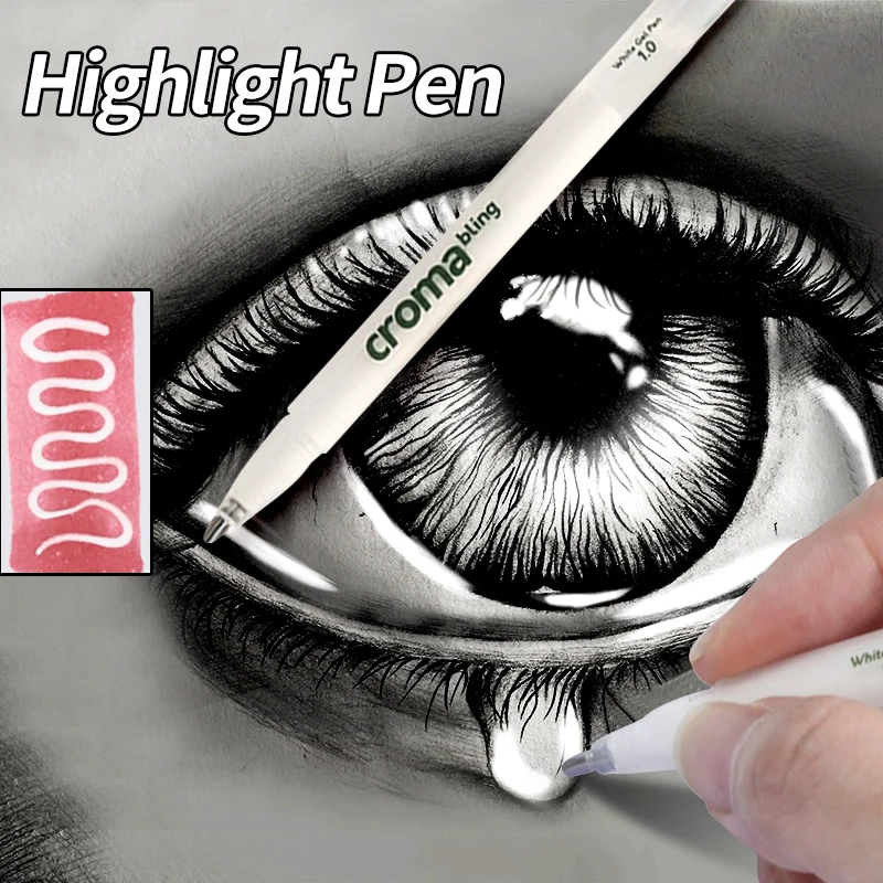 1.0mm Highlight Gel Pen White Painting Highlight Marker Pen Fine Tip for Student Drawing Art Writing Supplies 1pcs