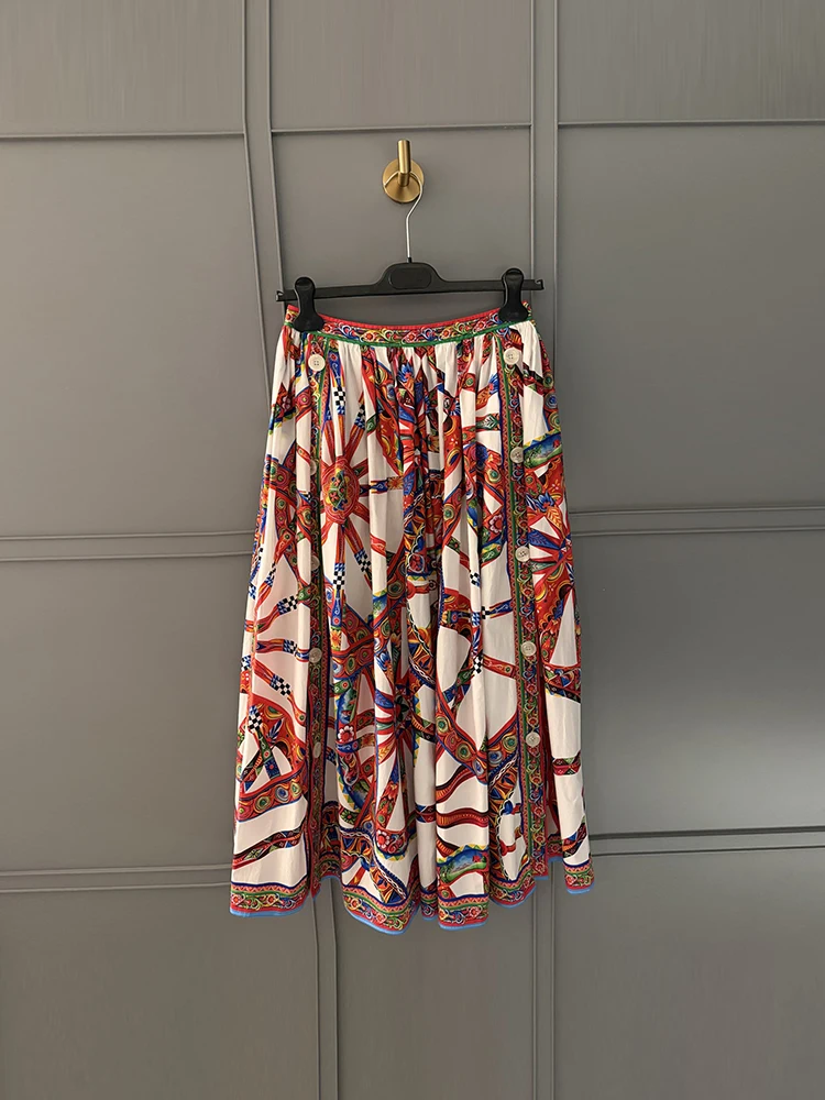Spring Summer Fashion Vintage Pattern Printing Cotton A-Line Long Skirt Women's Party Middle Waist Slim Button Big Swing Skirt
