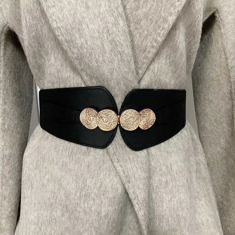 مشد للخصر للنساء 2024 نمط جديد قابل للتعديل حزام خصر مرن الخارجي مباراة معطف على شكل ثوب فاخر أسود حزام جلد مزخرف