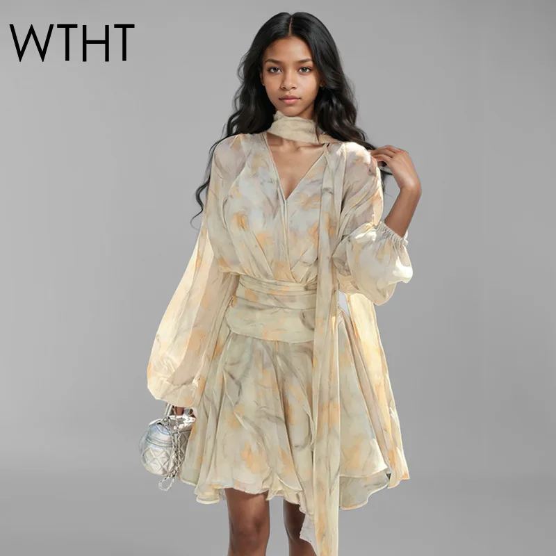 WTHT Fashion Women's Flower Print Puff Long Sleeves Dress 2025 Spring Trendy V-neck Bandage Short  Dresses Female 1LS723