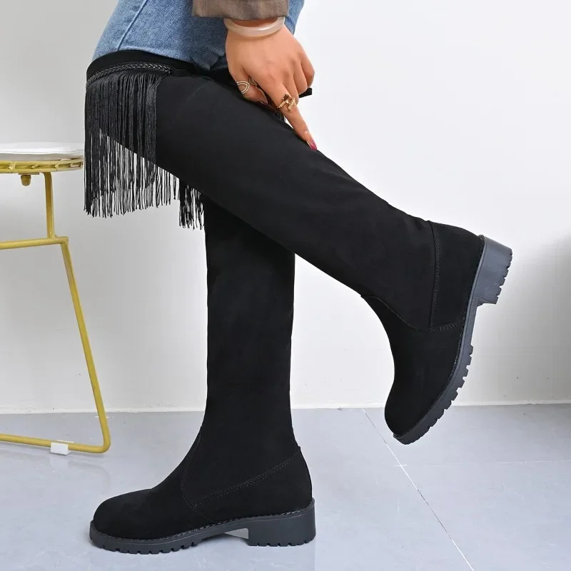 

Women Boots Winter Black Over The Knee Boots 2025 New Comfort Lace Up Chunky High Heels Shoes Fashion Warm Suede Round Toe Boots