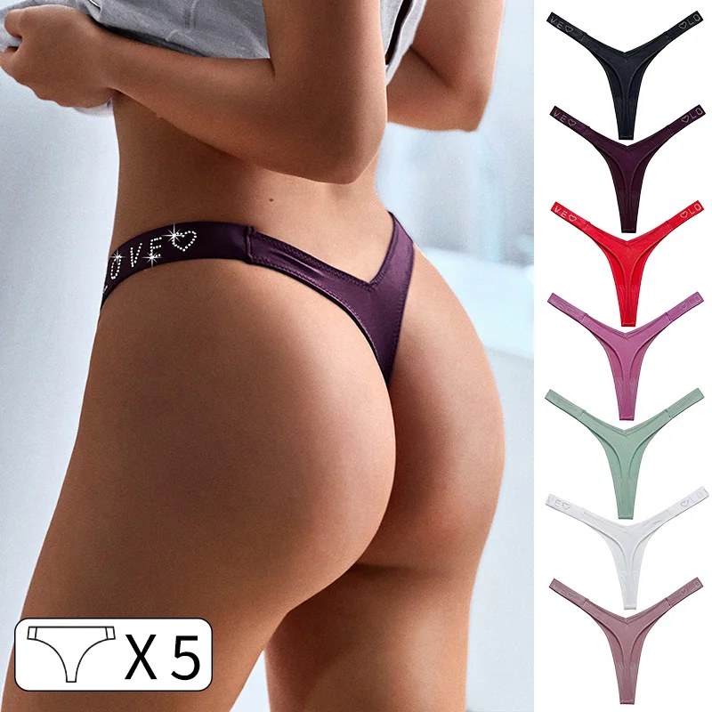 5Pcs Letter Sexy Women Panties Crystal Rhinestone Underwear Diamonds Thongs Low Rise Briefs Tanga Gym Fitness Female Lingerie