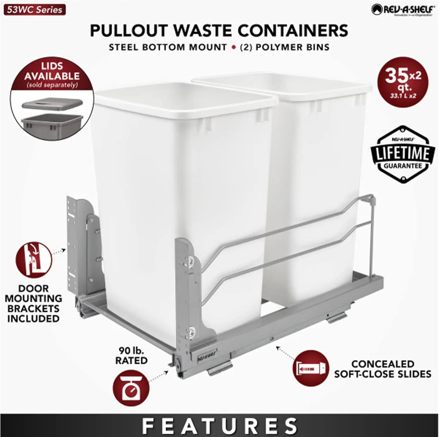 Double Trash Can Under Kitchen Cabinets Pullout, 35 Quart 8.75 Gallon with Soft-Close Slides, White, 53WC-1835SCDM-211