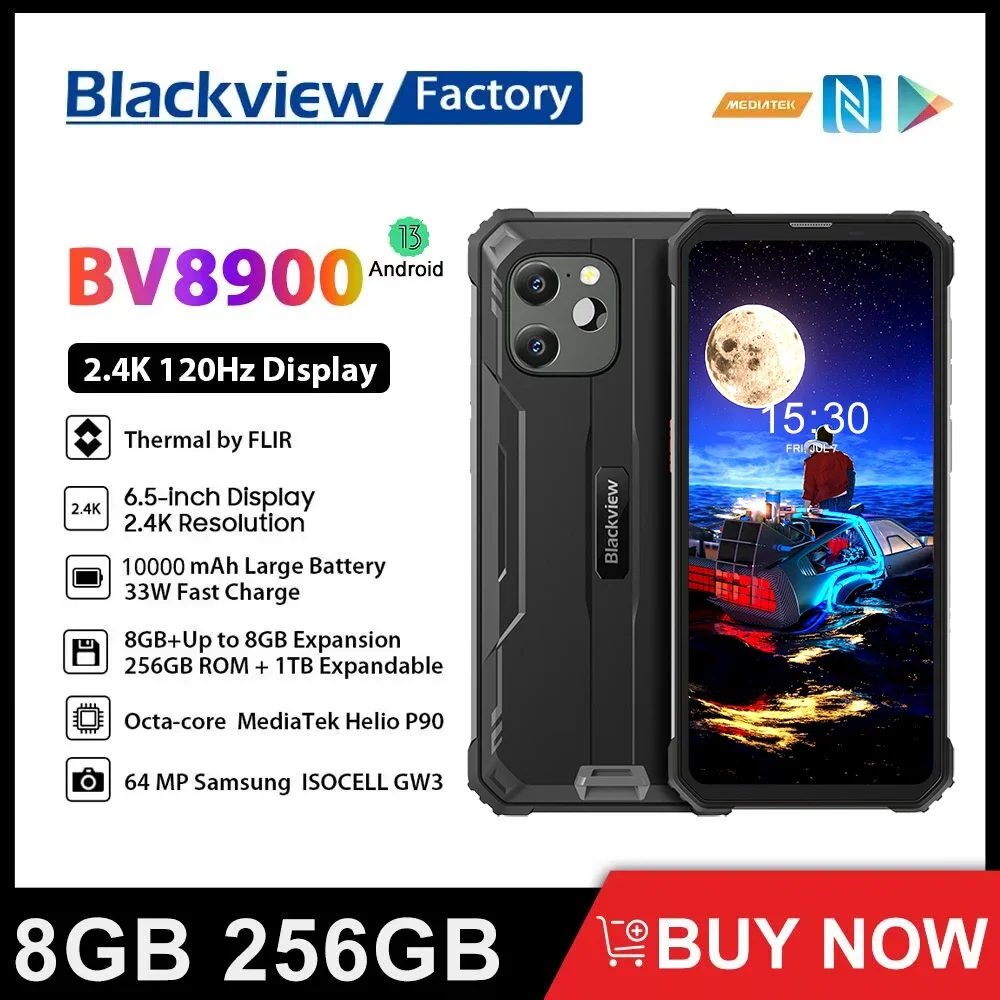 Blackview BV8900 Прочная машина 16 ГБ 256 ГБ Тепловой смартфон Android 13 6,5-дюймовый дисплей Helio P90 Аккумулятор 10000 мАч Мобильный телефон