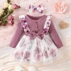 0-2 Year Old Newborn Girl Long sleeved Purple Digital Printed Mesh Bow Headwear Pit Pattern Combed Cotton Dress