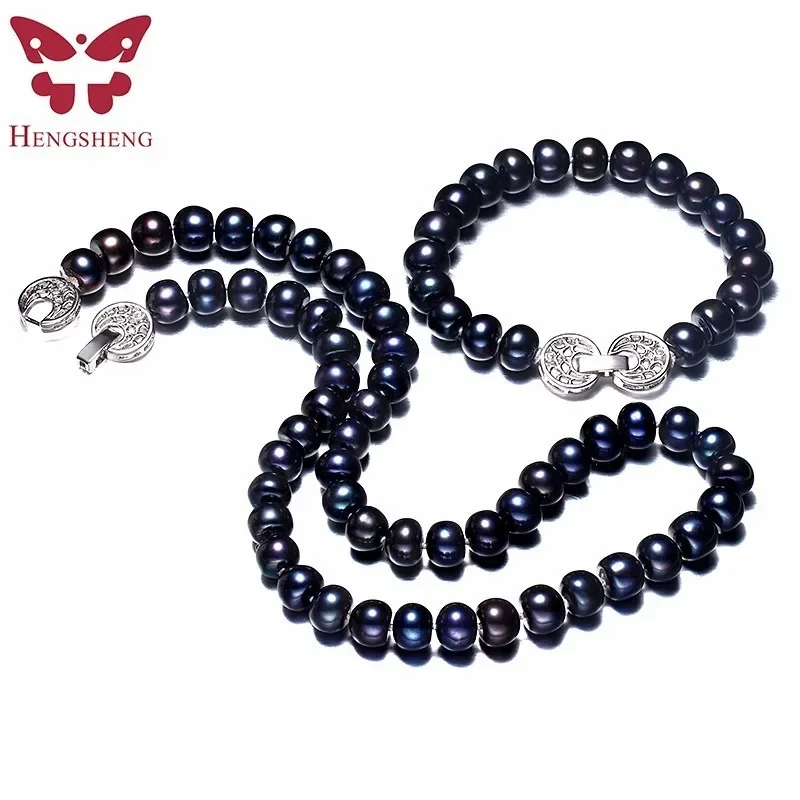 Women Natural Black Freshwater Pearl Jewelry Sets,925 Sterling Silver Necklace&Bracelet,9-10mm Beads Jewelry,Life Tree Buckle