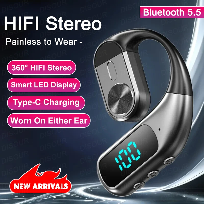 سماعة أذن واحدة بلوتوث 5.5 لاسلكية، شاشة LED، سماعة أذن بخطاف 180 °   سماعات أذن لاسلكية قابلة للدوران مقاومة للماء