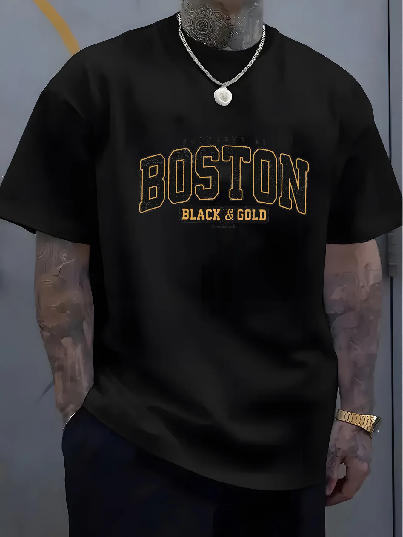 Men's summer 100 cotton fashionable casual loose plus size BOSTON pattern printed sports round neck short sleeved T-shirt top image 2