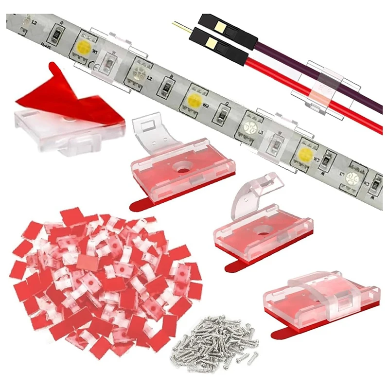 AA46 100PCS Mounting Clips For LED Light Strips With Self-Adhesive Tape + Screw Light Clips For Indoor Light Strips