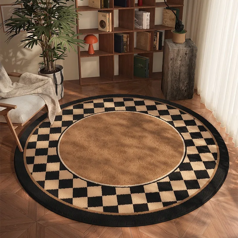 Classic Checkerboard Round Rug Black and Brown Soft Non Slip Carpet for Living Room Bedroom Home Decor Floor Mat Modern Design