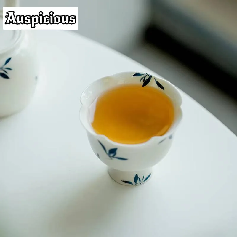 115ml Pure Hand-painted Butterfly Orchid Ceramic High-footed Tea Cup Flower Mouth Large Teacup Portable Kung Fu Tea Master Cup
