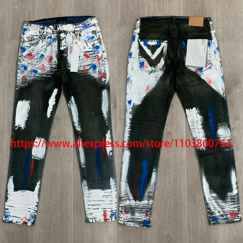 

Street Fashion Trend Jeans Ink Jet Pattern Men Women Slim Denim Trousers Casual High-quality Pencil Pants